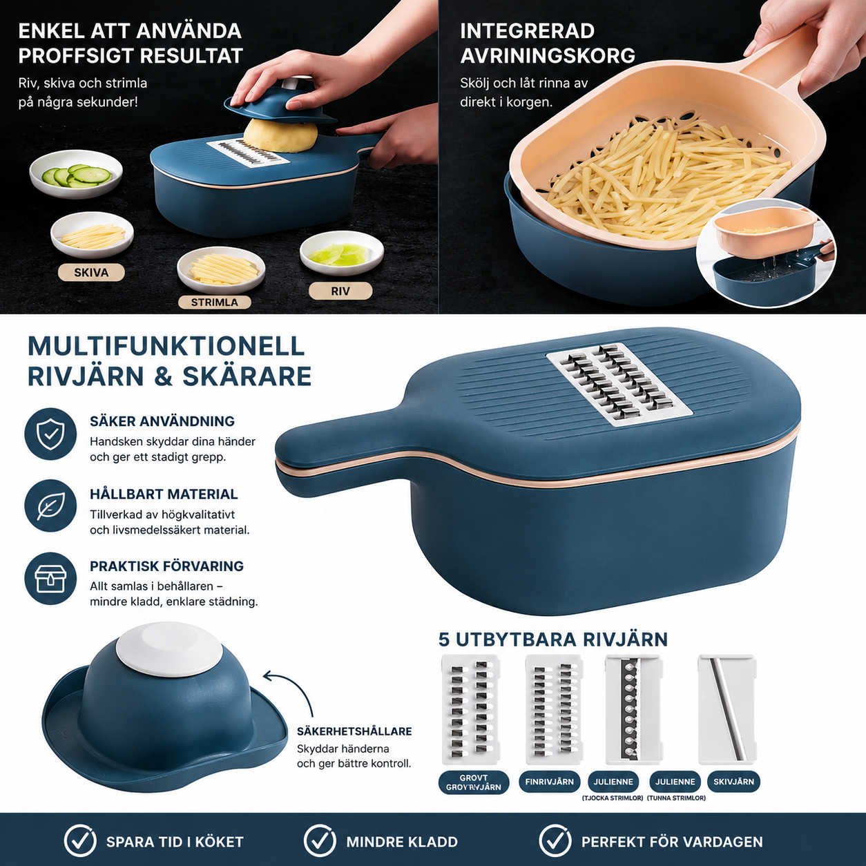 Multifunktionell Grönsaksskärare – Frukt- & Potatisskalare, Rivjärn och Slicer för Kök