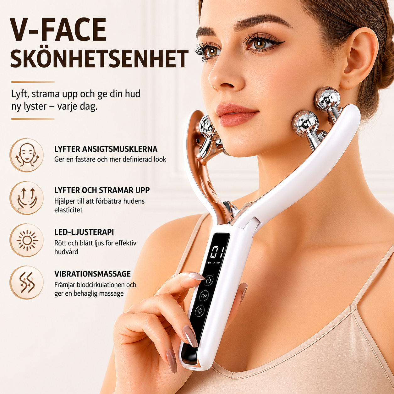 EMS Mikrostrom V-Roller Ansiktsmassagerare med Rött & Blått Ljus